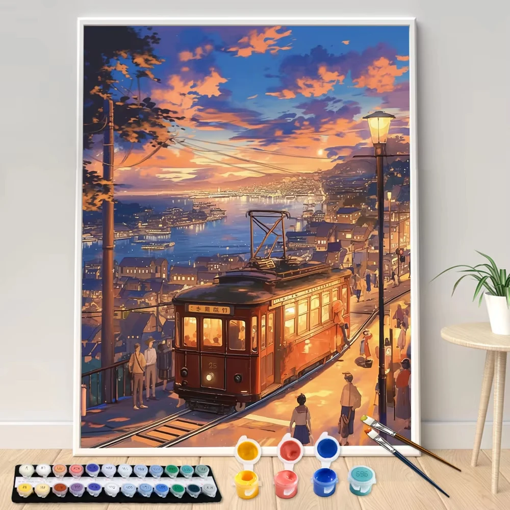 Photography Design - DIYデジタルペイント、数字で塗る絵、夜のケーブルカー、手描きの絵画、アート作品、ダイヤモンドアート、ユニークなギフト。